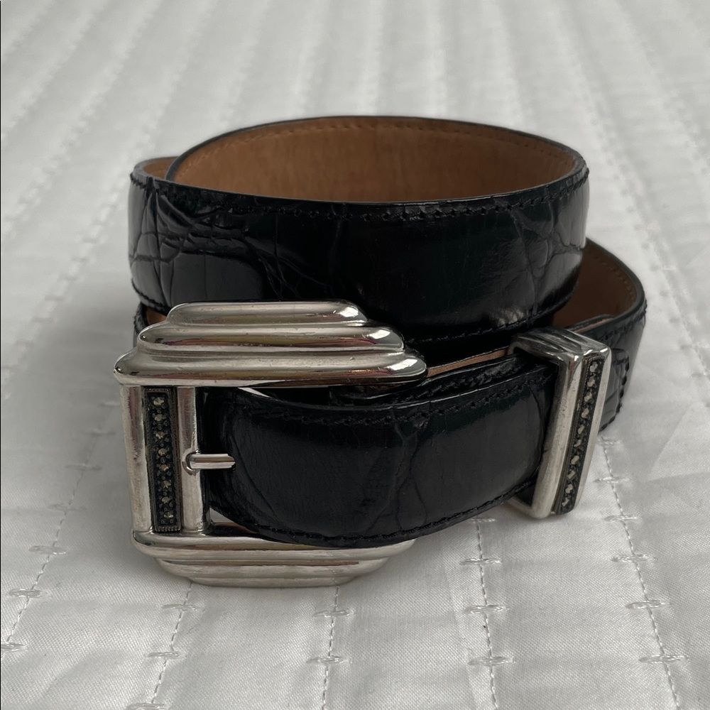Judith Jack Black Croc-Embossed Leather Belt with Silver Buckle